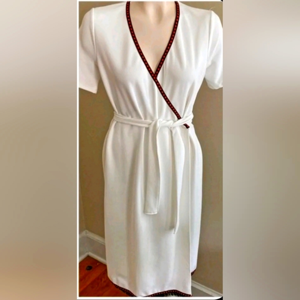 Zara Fringe Wrap Dress, Size Small, White with Red and Black Trim.